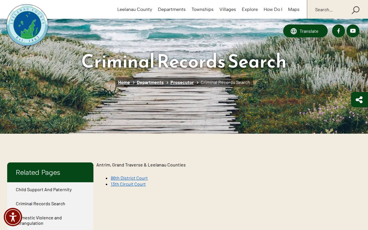 Leelanau County warrant records research showing the county criminal records search links page