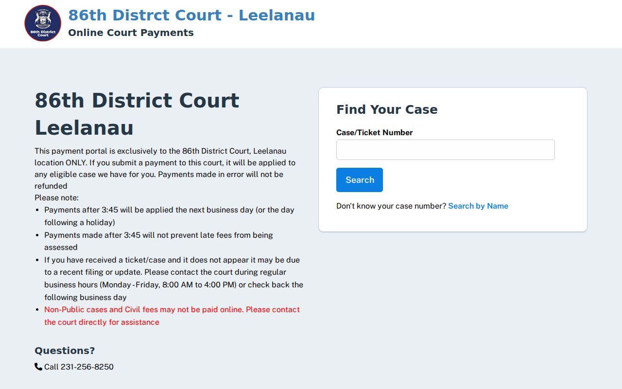Leelanau County traffic warrant research showing the Leelanau-only case and ticket search portal