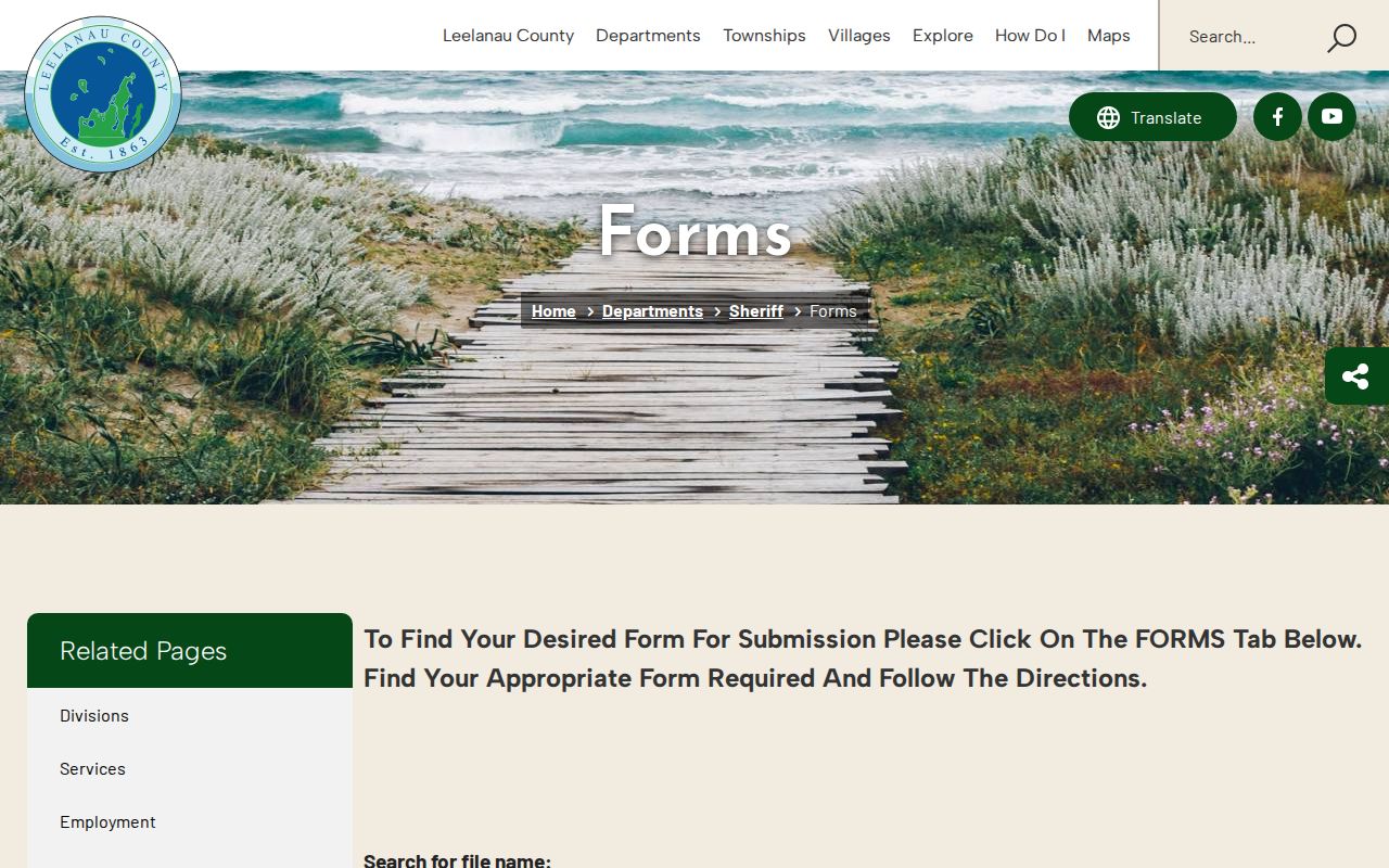 Leelanau County warrant records research showing the Sheriff forms and document center page