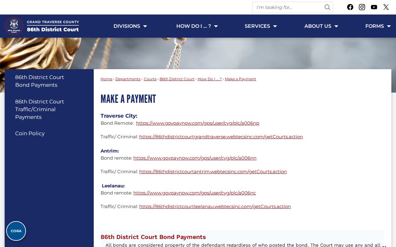 Leelanau County city court warrant research showing official court payment and bond routes
