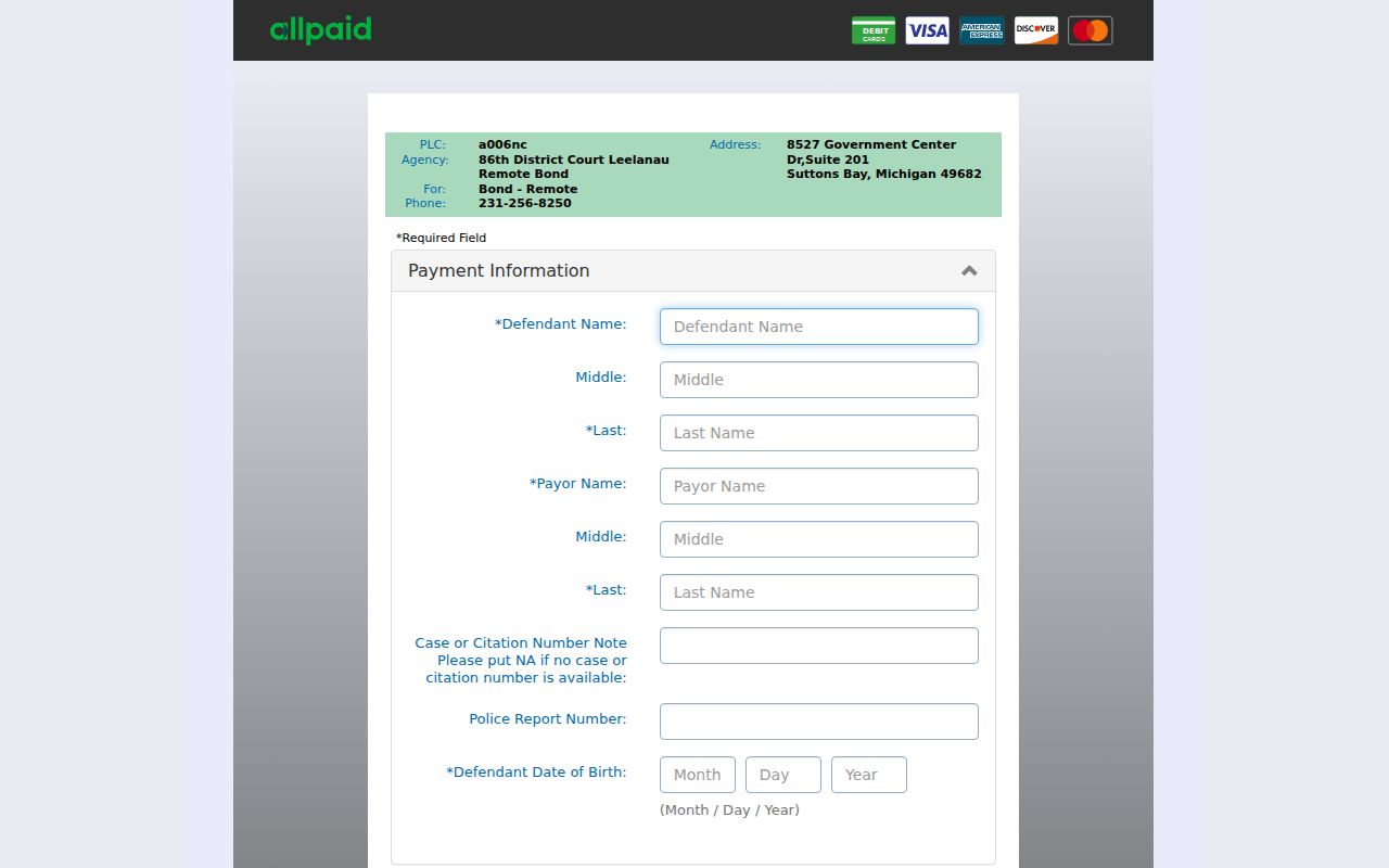 Leelanau County city court warrant research showing the officially linked remote bond landing page