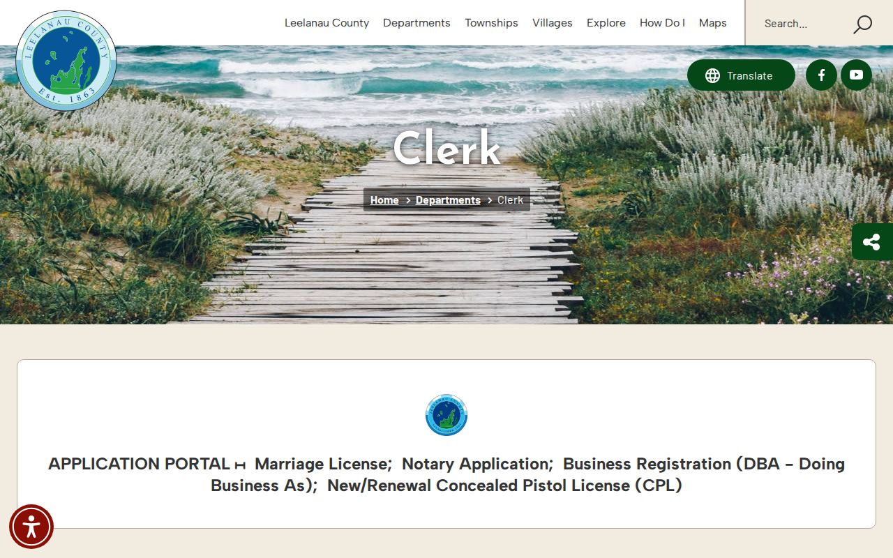 Leelanau County bench warrant research showing the county clerk contact and counter page
