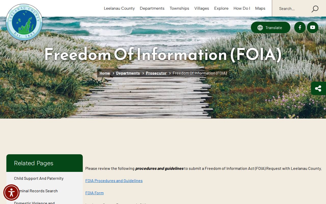 Leelanau County active warrant research showing the county FOIA coordinator page