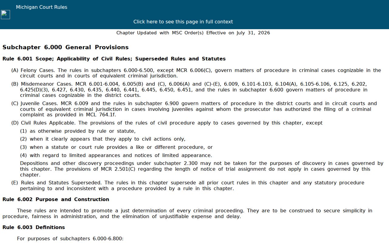 Leelanau County bench warrant research showing official Michigan court rule text