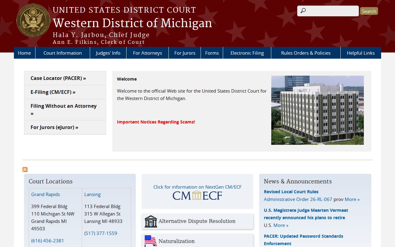 Leelanau County arrest warrant research showing the federal district court location page