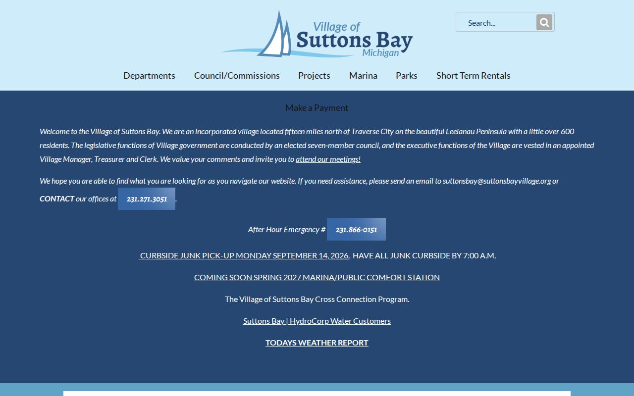 Suttons Bay warrant research showing the village hall building and administrative contact