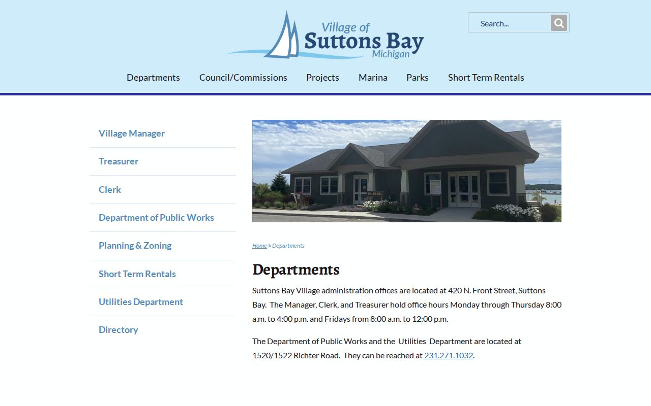 Suttons Bay warrant research showing village department routing and administrative contacts