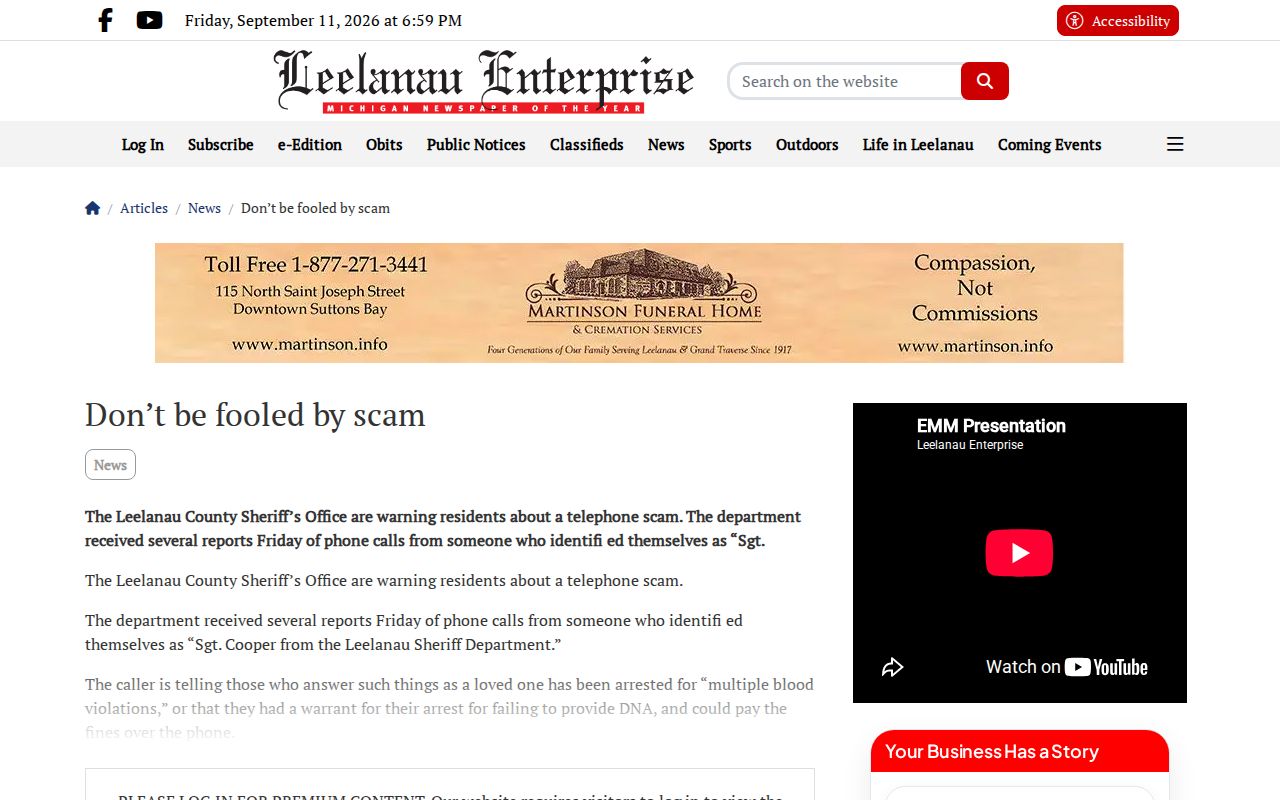 Leelanau County warrant records research showing a local news scam warning screenshot