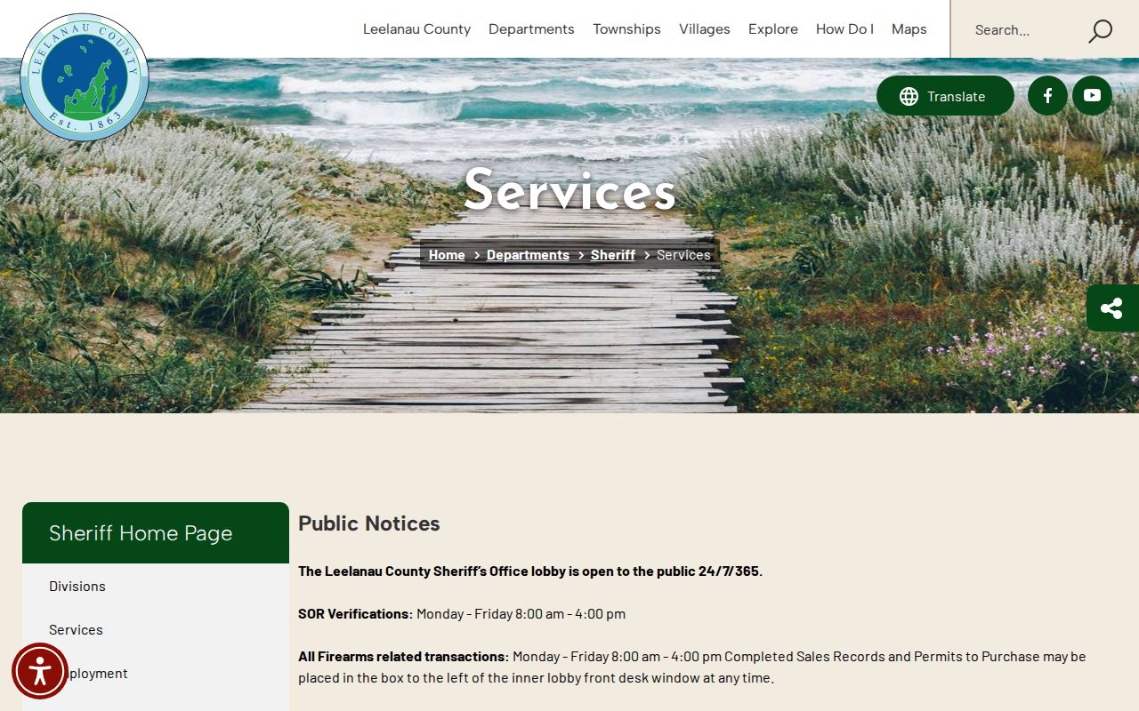 Leelanau County warrant records research showing Sheriff public lobby services and fee schedule